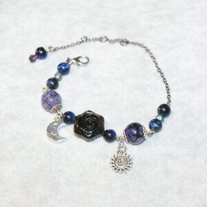 Sun and moon charm bracelet with Tiger Stripe and Galaxy Jasper BC-25-001